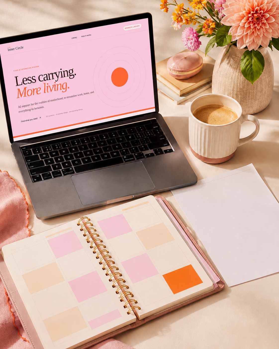 The Inner Circle member library displayed on a laptop beside a clean planner, coffee, and flowers